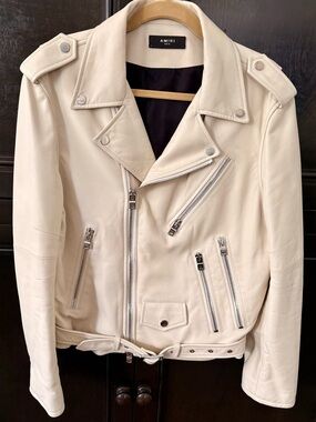 AMIRI Cream Leather Biker Jacket with Silver Zips